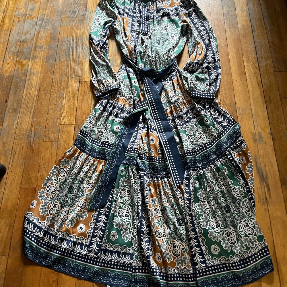 Current Air Long Sleeve Printed Maxi Dress in Green, Tan & Navy